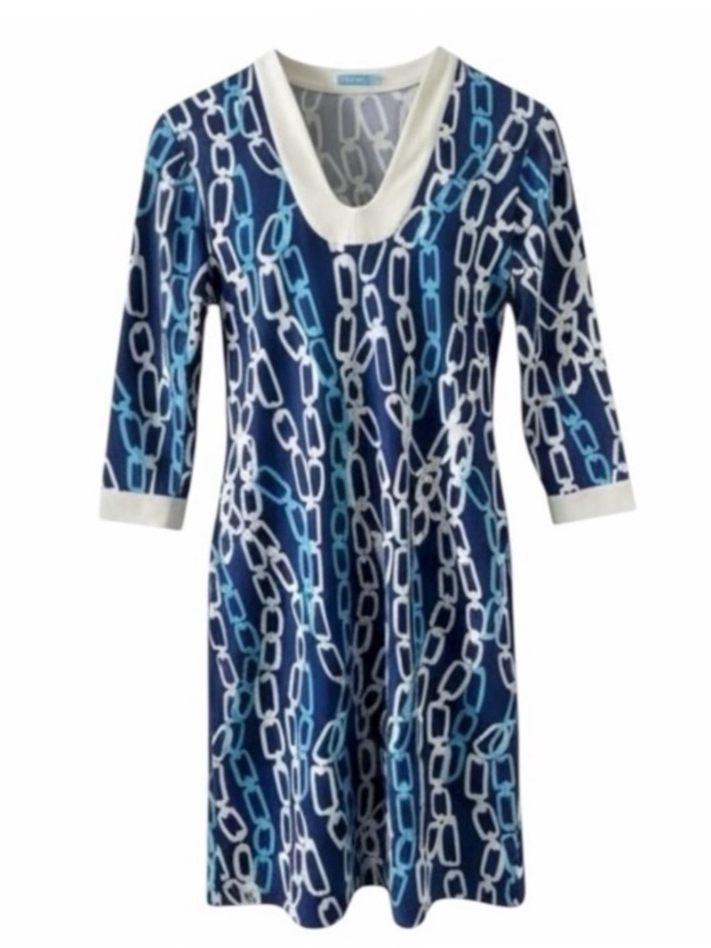 J. McLaughlin Blue and White Chain Link Print V-Neck 3/4 Sleeve Gisel Dress
